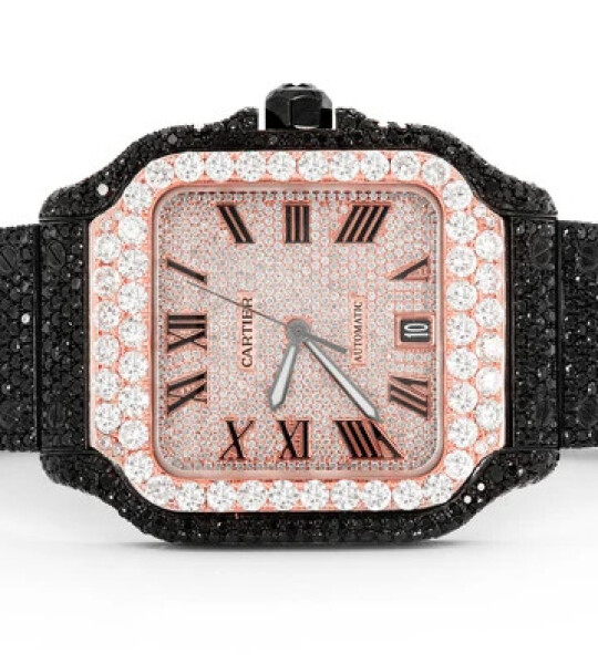 Cartier Santos De Cartier 40MM (4072) - 20.00ctw Fully Iced Out Black & White Diamonds